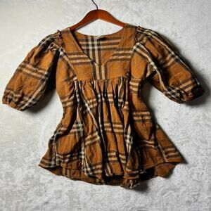 Cottage Grunge Babydoll Dress Women's XS Empire Waist Plaid Peasant Puffy Sleeve